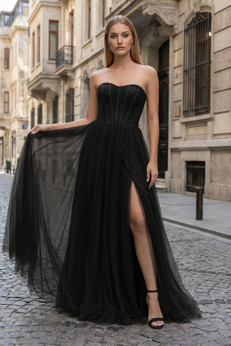 A-Line Sweetheart Beads Empire-Waist Sleeveless Prom Dress With Slit