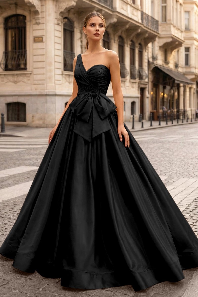 One Shoulder Satin A Line Prom Dress With Bow