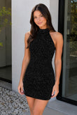 Black Halter Neck Sleeveless Sequins Sheath Short Homecoming Dress