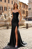 Mermaid Strapless Satin Long Prom Dress With Slit