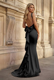 Coral Pink Mermaid V Neck Satin Open Back Long Prom Dresses With Bow