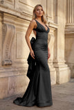 Coral Pink Mermaid V Neck Satin Open Back Long Prom Dresses With Bow