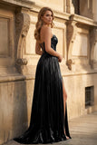 Green Metallic Sweetheart Pleated A-Line Long Prom Dresses
