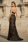 Black-Nude Strapless Lace Mermaid Long Prom Dresses With Bow