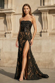 Black-Nude Strapless Lace Mermaid Long Prom Dresses With Bow