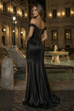 Burgundy Off The Shoulder Mermaid Beaded Satin Long Prom Dresses With Appliques