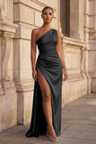 Pink One Shoulder Sheath Satin Long Prom Dresses With Slit