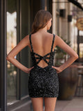 Light Blue Sheath Open Back Sequins Tight Mini Party Dresses