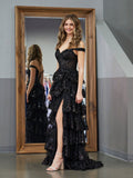 Black Princess A Line Off the Shoulder Corset Prom Dress with Lace Ruffles