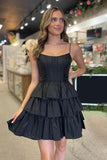 Black Spaghetti Straps Satin A-Line Ruffled Short Corset Homecoming Dress with Bow
