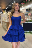 Black Spaghetti Straps Satin A-Line Ruffled Short Corset Homecoming Dress with Bow