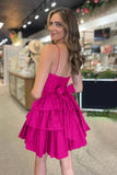 Black Spaghetti Straps Satin A-Line Ruffled Short Corset Homecoming Dress with Bow