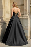Pink Strapless A Line Pleated Satin Long Prom Dresses With Flower