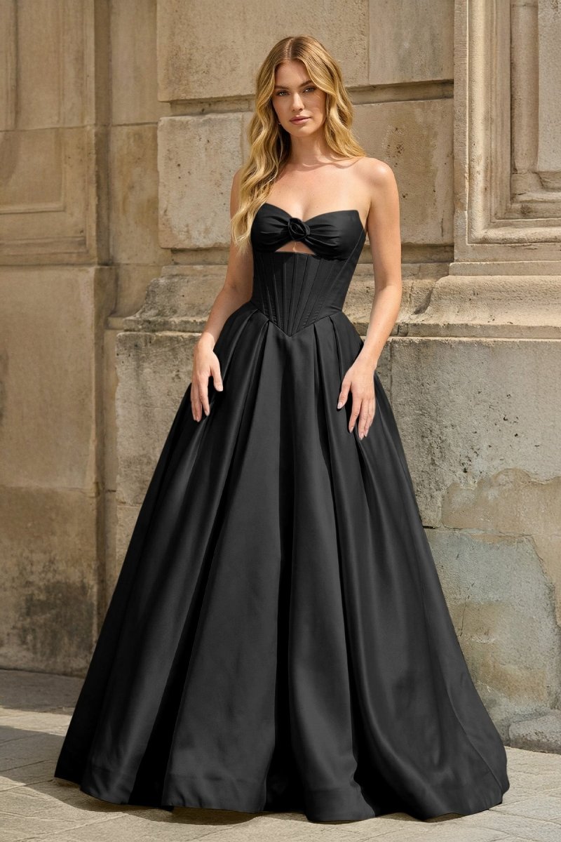 Pink Strapless A Line Pleated Satin Long Prom Dresses With Flower
