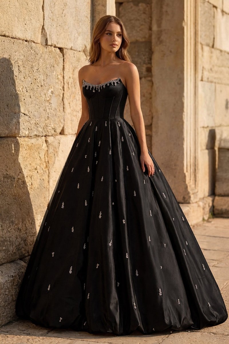 Yellow Strapless A Line Satin Long Prom Dresses With Beading