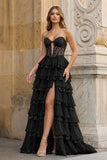 Sky Blue Sweetheart A Line Sequined Lace Ruffled Long Prom Dresses With Appliques