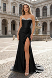 Royal Blue Sweetheart Satin Mermaid Long Prom Dresses with Beading