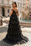 Periwinkle Tulle Appliques Off-the-Shoulder Ruffle Long Prom Dress