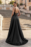 Burgundy Spaghetti Straps A Line Satin Long Prom Dresses With Slit