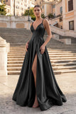 Burgundy Spaghetti Straps A Line Satin Long Prom Dresses With Slit