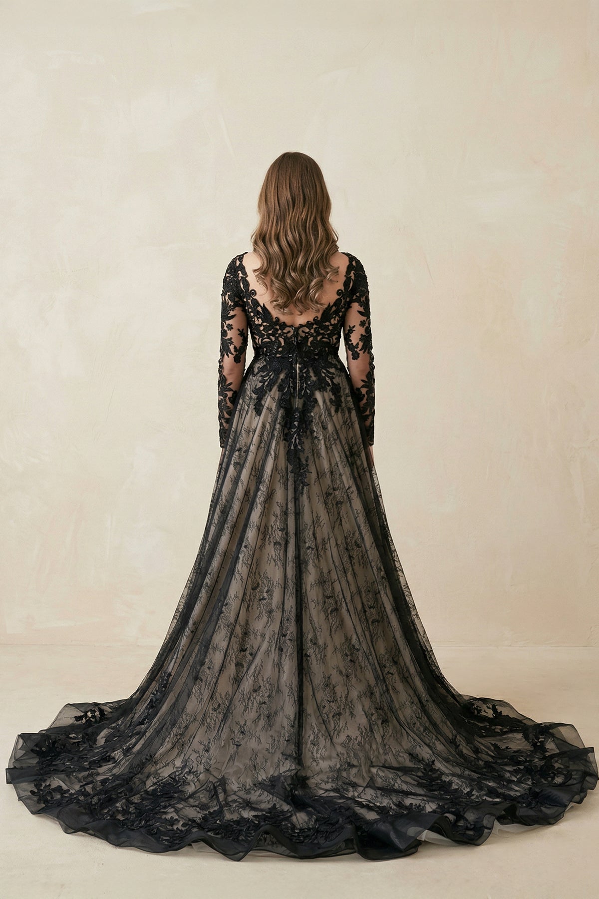 Modern Gothic Boho Lace Black Wedding Dress Vintage Unique A-Line Long Sleeve Bridal Gown with Court Train