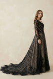 Modern Gothic Boho Lace Black Wedding Dress Vintage Unique A-Line Long Sleeve Bridal Gown with Court Train