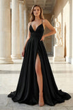 Pink Spaghetti Straps Satin Backless A Line Prom Dress With Pockets