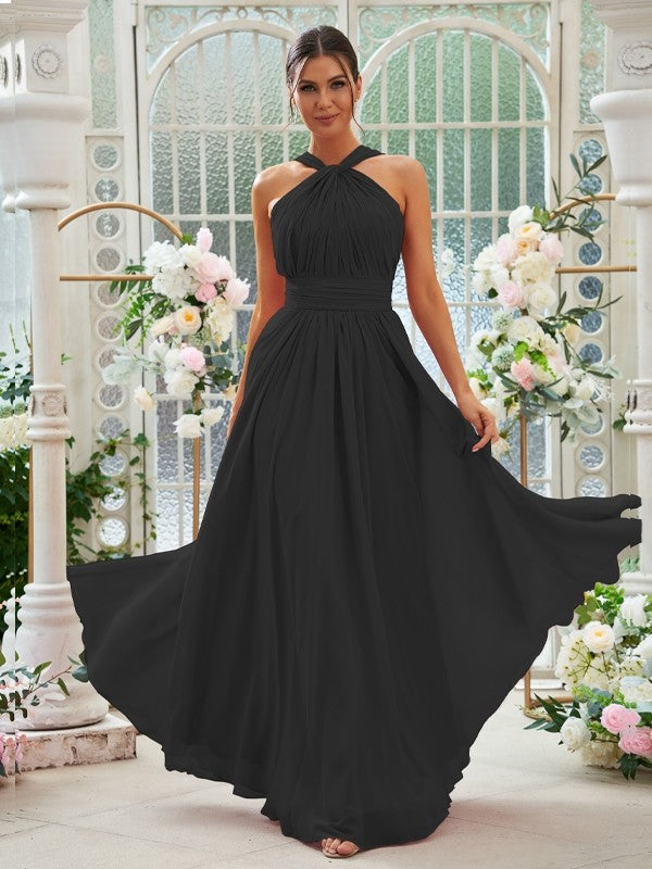 A-Linie/Princess-Linie Chiffon Rüschen Neckholder Ärmellos Bodenlang Brautjungfernkleider Abendkleid