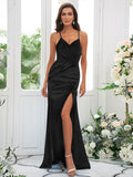 Sheath/Column Silk like Satin Ruched Spaghetti Straps Sleeveless Sweep/Brush Train Bridesmaid Dresses Evening Dress