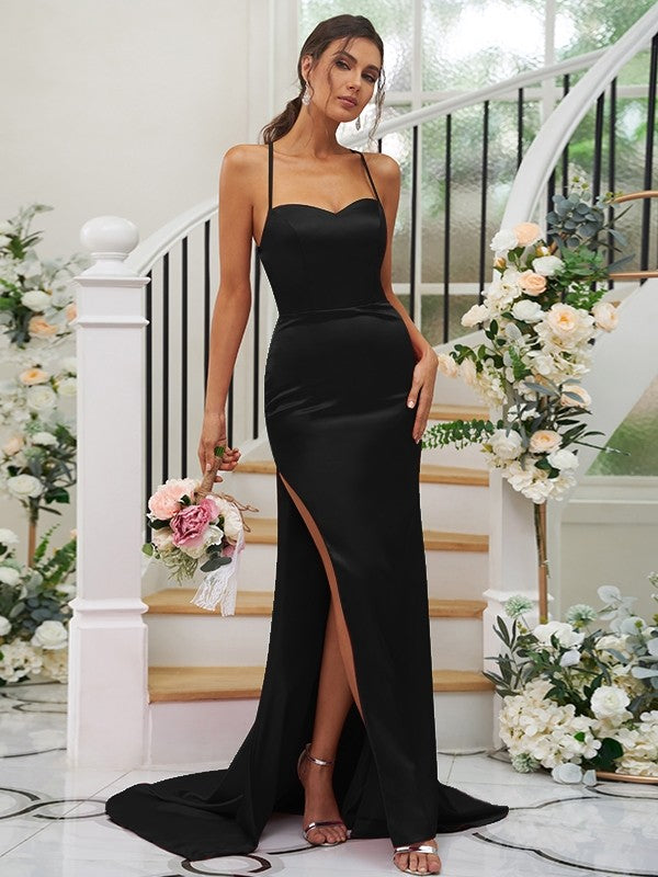 Sheath/Column Silk like Satin Ruched Square Sleeveless Sweep/Brush Train Bridesmaid Dresses Evening Dress