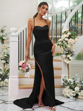 Sheath/Column Silk like Satin Ruched Square Sleeveless Sweep/Brush Train Bridesmaid Dresses Evening Dress