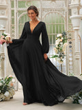 Vestido de dama de honor de corte A/princesa, de gasa, con volantes, escote en V, mangas largas y cola larga, vestido para madre de la novia