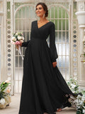 A-Line/Princess Chiffon Ruched V-neck Long Sleeves Floor-Length Bridesmaid Dresses Mother of the Bride Dress
