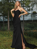 Sheath/Column Silk like Satin Ruched Sweetheart Sleeveless Sweep/Brush Train Bridesmaid Dresses Evening Dress