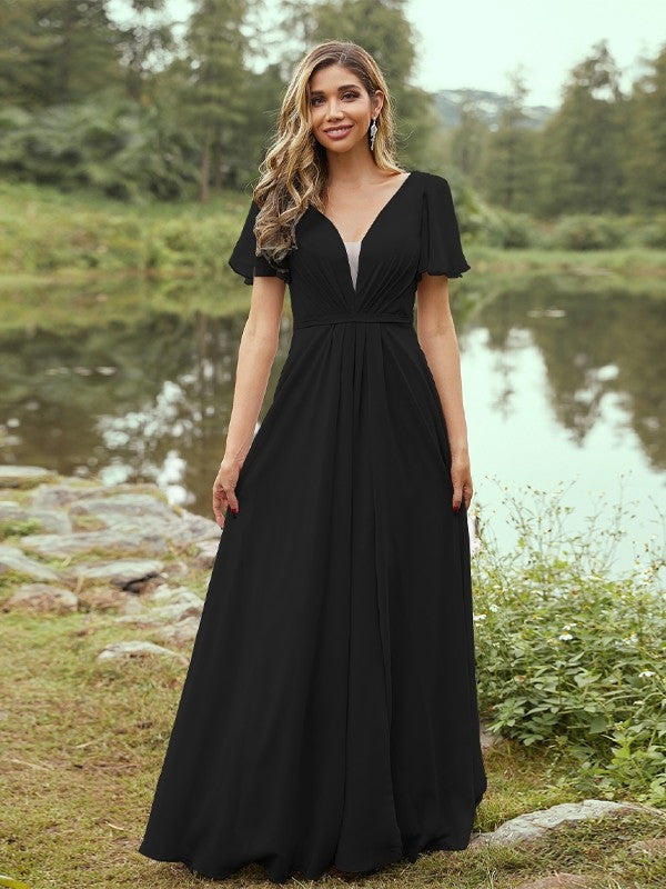 A-Line/Princess Chiffon Ruffles V-neck Short Sleeves Floor-Length Bridesmaid Dresses Evening Prom Dress