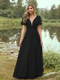 A-Line/Princess Chiffon Ruffles V-neck Short Sleeves Floor-Length Bridesmaid Dresses Evening Prom Dress