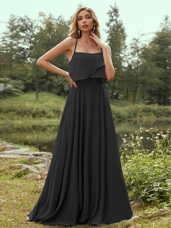 A-Line/Princess Chiffon Ruffles Spaghetti Straps Sleeveless Floor-Length Bridesmaid Dresses Evening Prom Dress