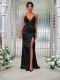 Sheath/Column Silk like Satin Ruched V-neck Sleeveless Sweep/Brush Train Bridesmaid Dresses Evening Dress