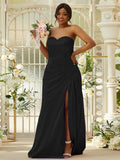 Sheath/Column Silk like Satin Ruched Sweetheart Sleeveless Sweep/Brush Train Bridesmaid Dresses Evening Dress