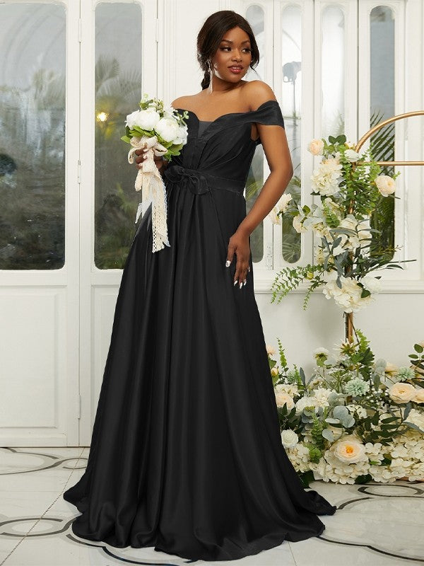 A-Line/Princess Silk like Satin Ruffles Off-the-Shoulder Sleeveless Sweep/Brush Train Bridesmaid Dresses Evening Dress