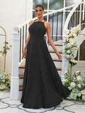 A-Linie/Princess-Linie Chiffon Rüschen Neckholder Ärmellos Bodenlang Brautjungfernkleider Abendkleid