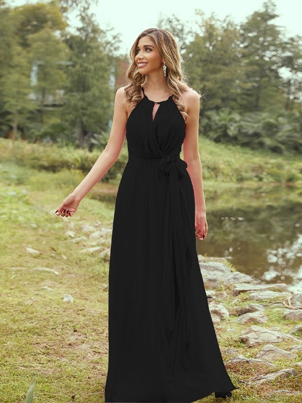 A-Line/Princess Chiffon Ruffles Halter Sleeveless Sweep/Brush Train Bridesmaid Dresses	Evening Prom Dress