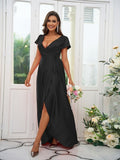 A-Line/Princess Silk like Satin Ruched V-neck Short Sleeves Floor-Length Bridesmaid Dresses Evening Dress