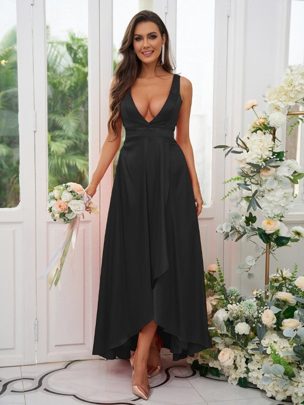 A-Line/Princess Silk like Satin Ruffles V-neck Sleeveless Ankle-Length Bridesmaid Dresses Prom Dress