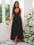 A-Line/Princess Silk like Satin Ruffles V-neck Sleeveless Ankle-Length Bridesmaid Dresses Prom Dress