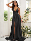 Vestido de dama de honor de corte A/princesa, jersey con volantes, escote en V, sin mangas, cola larga, para invitada de boda