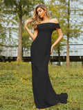 Sheath/Column Jersey Ruched Off-the-Shoulder Sleeveless Sweep/Brush Train Bridesmaid Dresses Evening Dress