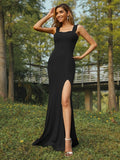 Sheath/Column Jersey Ruffles Straps Sleeveless Sweep/Brush Train Bridesmaid Dresses Evening Dress