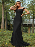 Sheath/Column Stretch Crepe Applique Off-the-Shoulder Sleeveless Sweep/Brush Train Bridesmaid Dresses Evening Dress