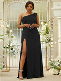 Sheath/Column Jersey Ruffles One-Shoulder Sleeveless Sweep/Brush Train Bridesmaid Dresses Evening Dress